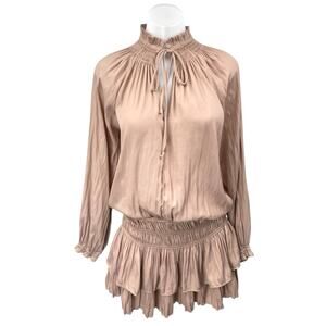 Mustard Seed Beige Long Sleeve Tiered Ruffle Mock Neck Tie Mini Dress Size S